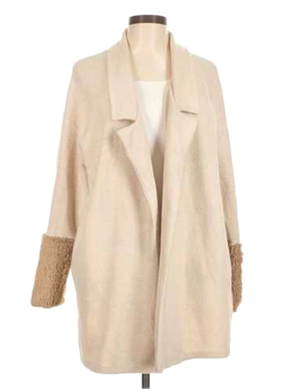 Zara Trafaluc Sz S Ivory Faux-Fur Cuffs Open-Front Oversized Knit Coating Jacket